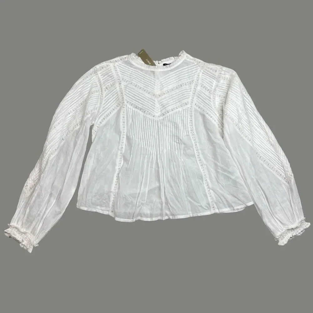 Madewell Pintuck Lace Blouse White Long Sleeve Equestrian Preppy‎ Top Womens M